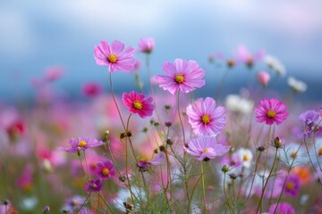 Fototapeta premium Pink and purple cosmos flowers in a field with a blurred blue sky background meadow