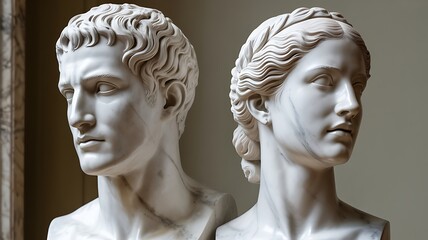Detailed close-up of marble sculptures depicting classic male and female figures photo