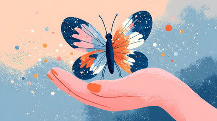 Isolated white background macro image showing a beautiful monarch butterfly with orange and black wings flying onto a hand