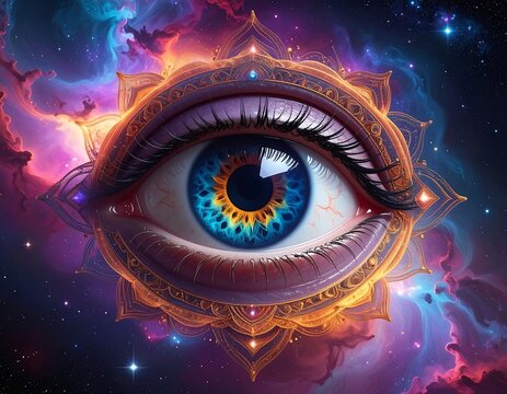Celestial artwork of a large eye floating in a cosmic dreamscape - Powered by Adobe