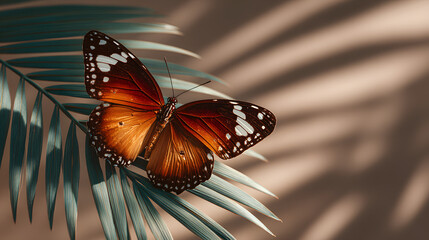 Beautiful monarch butterfly, an orange insect, flying close-up on a flower in a summer garden