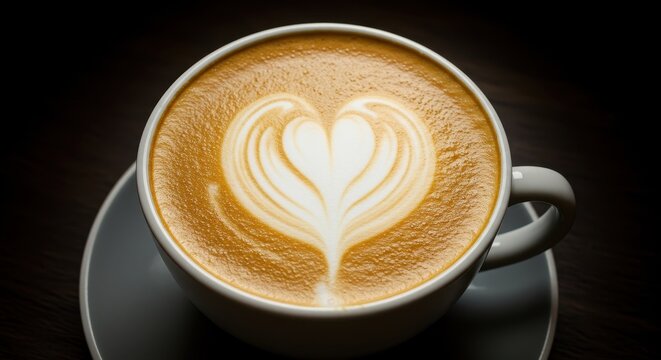 A beautiful heart shape crafted in creamy foam sits atop a rich coffee beverage, perfect for a cozy morning moment or a special treat ,heart ,elegant ,cup