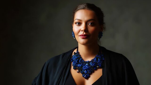 An Elegant Portrait Showcasing a Confident Woman Adorned in Stunning Blue Jewelry, Highlighting Her Beauty and Grace in a Captivating Fashion Setting