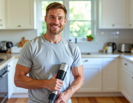 Smiling man holding vacuum cleaner in a bright kitchen, ready for household chores and cleaning tasks - Powered by Adobe