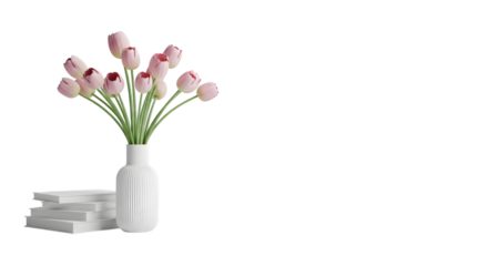 Bouquet of delicate pink tulips in a white vase, placed next to a stack of white books