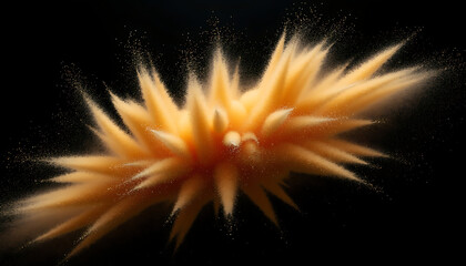 Yellow Powder Explosion with Dynamic Dust Particles Against Black Background