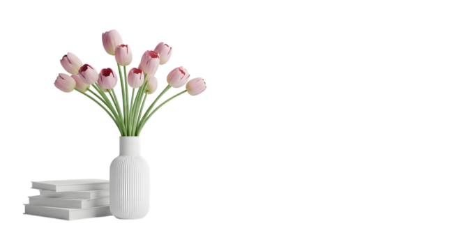 Bouquet of delicate pink tulips in a white vase, placed next to a stack of white books