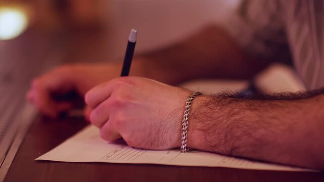 Cafe accounting. Pub business. Bartender writing down supplier information on piece paper. Manager working on paperwork for liquor store.