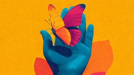 A beautiful colorful butterfly, an orange insect of nature, landing on a hand with delicate wings