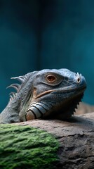 Fototapeta premium Photorealistic close-up vertical shot of an iguana's face, partially hidden behind a mossy log, showing one dark brown eye and top of head with ears peeking over the edge. A single spotlight