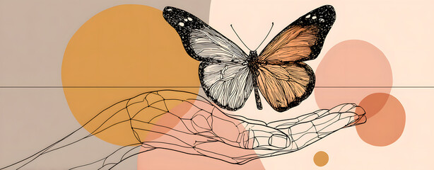 Beautiful colorful butterfly insect with delicate wings resting on a human hand in the summer nature