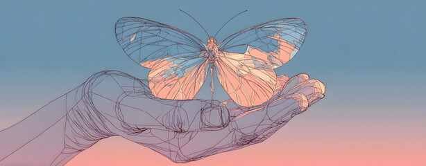 Hand-drawn butterfly on a hand, colorful insect with beautiful wings isolated on white