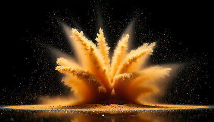 Yellow Powder Explosion with Dynamic Dust Particles Against Black Background