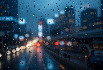 Raindrops window glass, abstract city street bokeh lights at night. neon blurry traffic. Ideal for loneliness, cinematic or melancholy projects