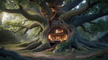 Enchanting treehouse nestled in a magical forest surrounded by glowing lights photo