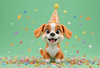 happy adorable 3d cartoon puppy in party hat with confetti, fun celebration, cute dog illustration in pastel colors
