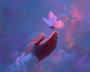 Blue vector illustration of a woman silhouette dancing with joy against the sky and water, expressing freedom and nature