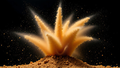 Yellow Powder Explosion with Dynamic Dust Particles Against Black Background