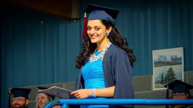 A proud graduate stands confidently on stage in a blue gown and cap, radiating joy and accomplishment with a bright smile, ready to celebrate the journey and achievements of education.