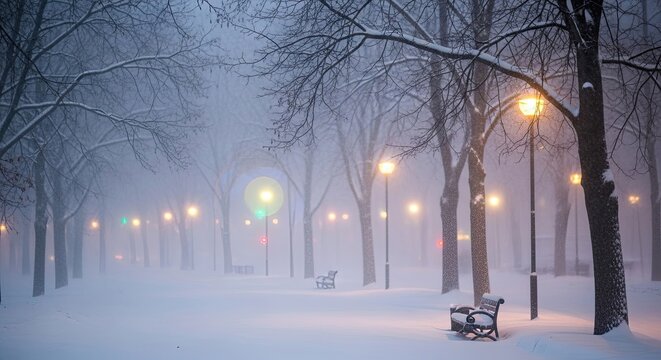 Snowy winter park alley with glowing lights in foggy, cold, serene night