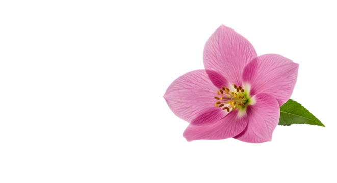 A single pink hellebore flower with a green leaf