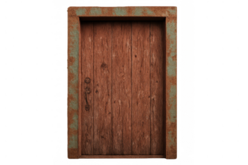 Old wooden door with grunge metal frame on transparent background, aged rustic entrance presenting passage concept
