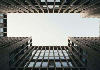 Obraz premium A dramatic upward view of a high concrete and glass academic tower reaching towards the pale sky, showcasing brutalist lines and modernist architecture, campus, institutional, structure