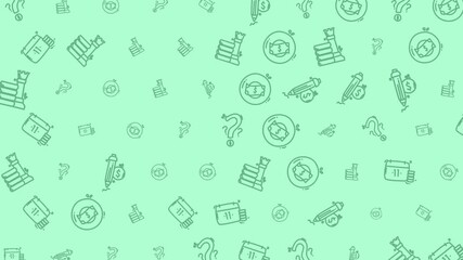 Light green background with a seamless pattern of hand-drawn doodle icons representing business, growth, questions, nature, and food elements. - Powered by Adobe