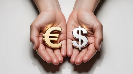 Hands holding euro and dollar symbols representing global currencies photo