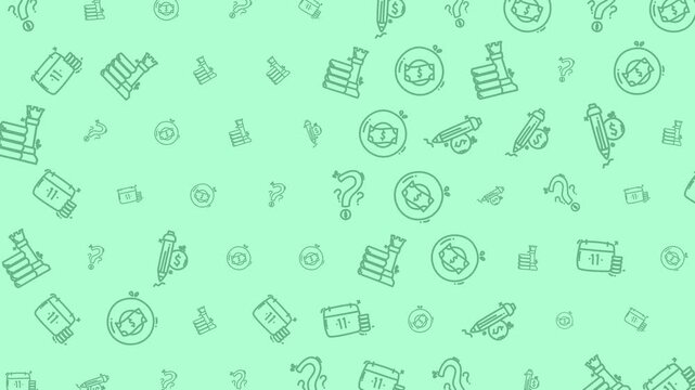 Light green background with a seamless pattern of hand-drawn doodle icons representing business, growth, questions, nature, and food elements.