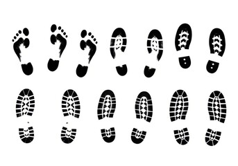 Collection of footprint and shoe print silhouettes on white background