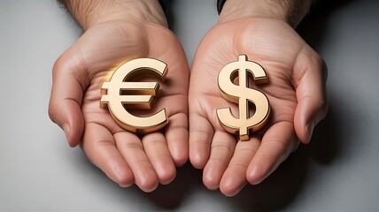 Hands holding euro and dollar symbols representing financial choice photo
