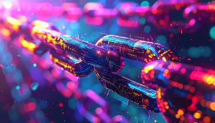 Close-up of a digital chain glowing with colorful, futuristic energy