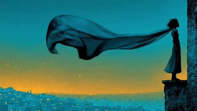 Woman on rooftop holding fabric against gradient sky background