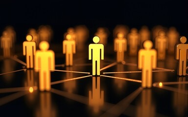 Connected golden figures representing a human network with glowing links on dark background. High quality