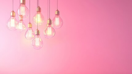 Clean pink space with sequentially lit bulbs, perfect metaphor for invention, startup launch, and creative flow