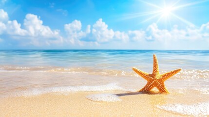 Fototapeta na wymiar Close-up of a starfish on sandy shore with rippling water and blue sky, an icon of seaside tranquility