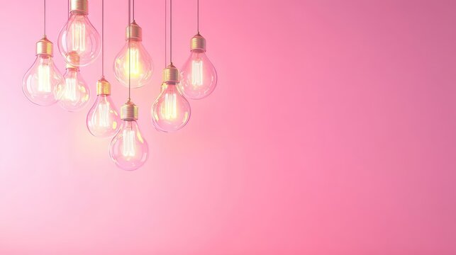 Clean pink space with sequentially lit bulbs, perfect metaphor for invention, startup launch, and creative flow