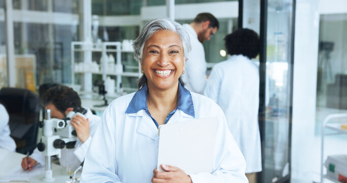 Science, portrait and mature woman in lab with smile, career pride or experience in genetic research. Medical, coworking or biotechnologist in clinic with confidence, about us or work in pathology.