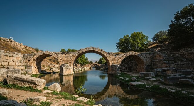 Ancient stone bridge remnants spanning a flowing waterway, evoking the classical era of powerful empires and engineering marvels ,arch ,travel ,history