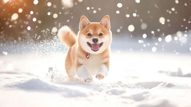 Cute Shiba Inus dash through fresh snow, leaving paw prints behind in a joyful winter moment
