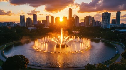 Obraz premium Dynamic aerial photo of fountain light show with golden sunset reflections, urban skyline glowing in background