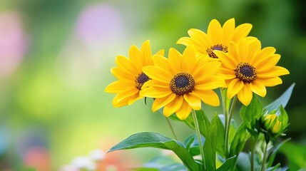 Obraz premium Elegant image of three yellow blooms in a serene garden, close-up perspective perfect for natural-themed websites