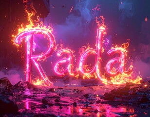 Neon cursive word wreathed in flames, standing amidst a fiery scene