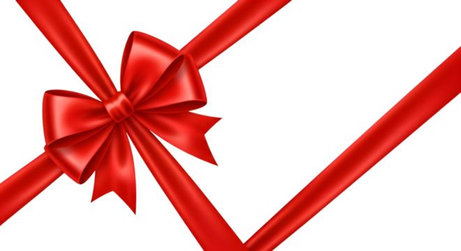 A vibrant red satin ribbon tied in a bow, with diagonal ribbon elements