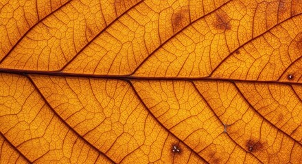 Detailed close-up of a decaying orange autumn leaf showing the intricate network of veins and textures of the seasonal transition ,organic ,change ,network