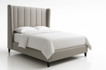 Classic double bed with large wingback headboard on white low angle side profile emphasizing height and thickness