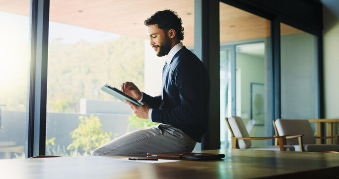 Real estate, business and man with tablet, internet and communication with positive review. Person, property owner or employee in office, tech or connection with online listings, email or digital app - Powered by Adobe