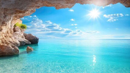 Island rock archway over stunning turquoise ocean, sunlit reflections perfect for summer getaway imagery