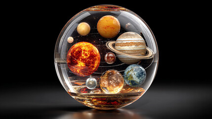 A luminous crystal sphere encapsulating the entire solar system—planets, stars, and orbits suspended in refracted light, symbolizing cosmic harmony and fragility.

